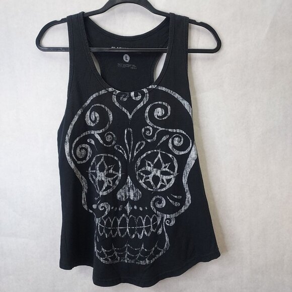 Black Matter Tank Top Women's Large Sugar Skull Racerback White Distressed Shirt - Picture 1 of 8